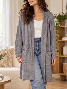 Penningtons PENN 2X Gray Open Front Longline Cardigan Sweater Cozy Knit Duster